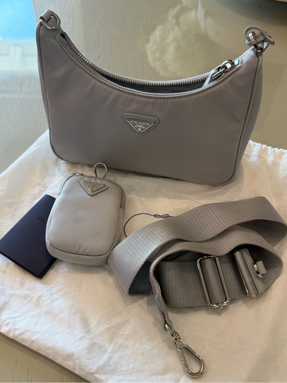 Prada Light Gray Nylon Crossbody with Detachable Wide Strap